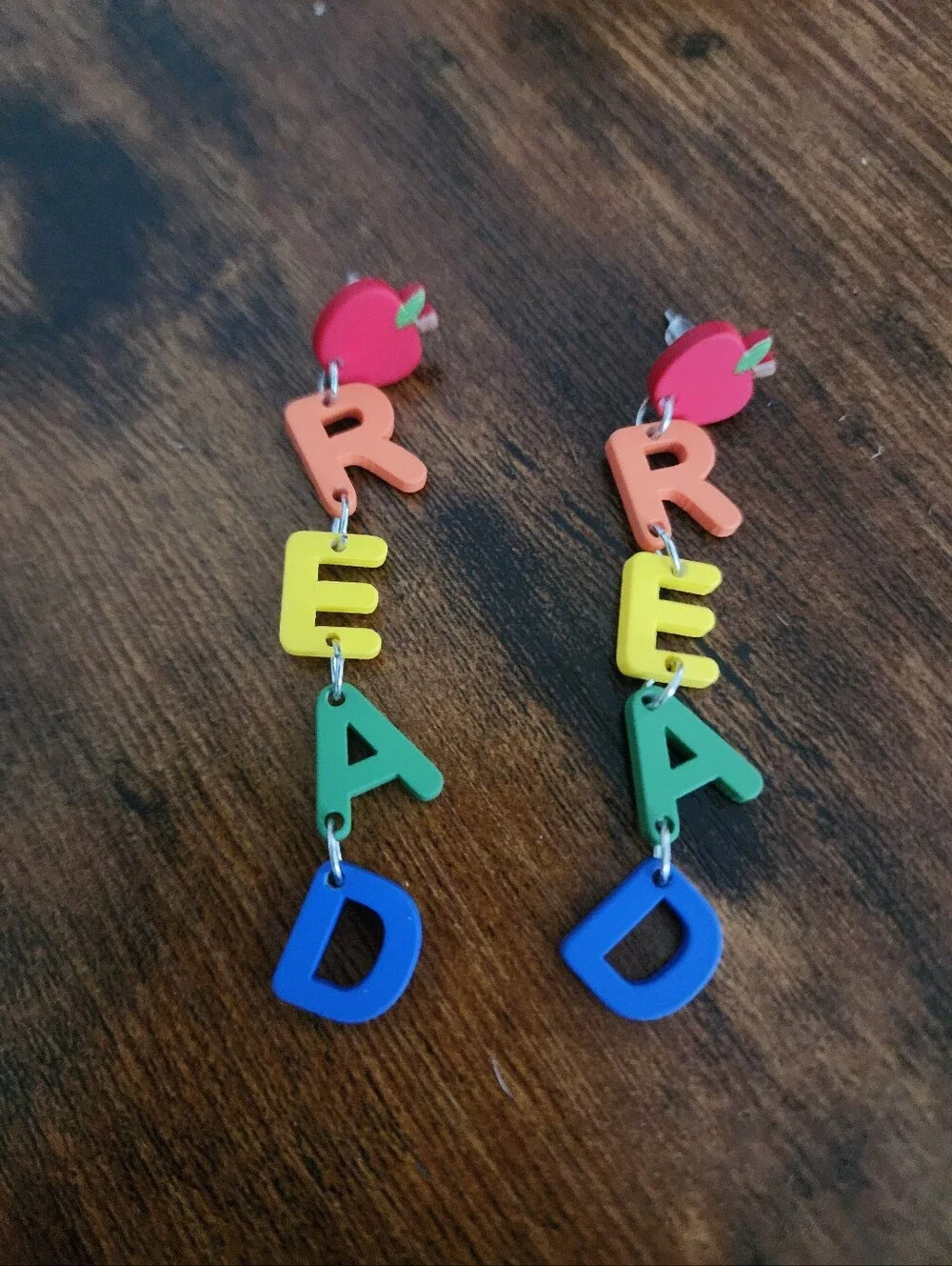 Colorful Earrings With Apple And 'READ' Letter Drops - Multicolor H-2.8IN W-0.7